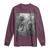 Funny Capybara Selfie With Dinosaur Meme Long Sleeve Shirt Animal Humor Gift - Wonder Print Shop