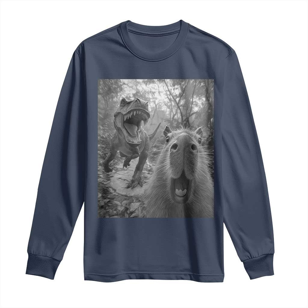 Funny Capybara Selfie With Dinosaur Meme Long Sleeve Shirt Animal Humor Gift - Wonder Print Shop