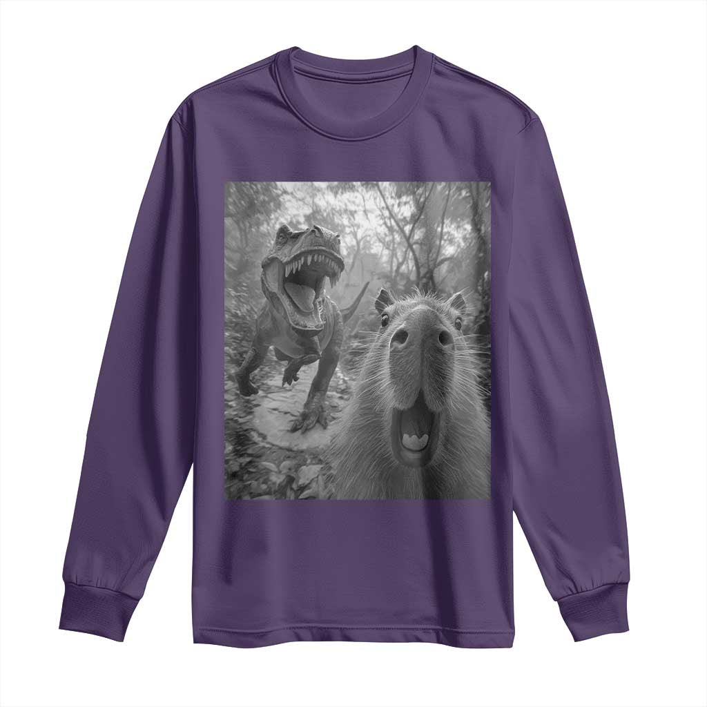 Funny Capybara Selfie With Dinosaur Meme Long Sleeve Shirt Animal Humor Gift - Wonder Print Shop