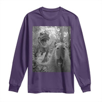 Funny Capybara Selfie With Dinosaur Meme Long Sleeve Shirt Animal Humor Gift - Wonder Print Shop