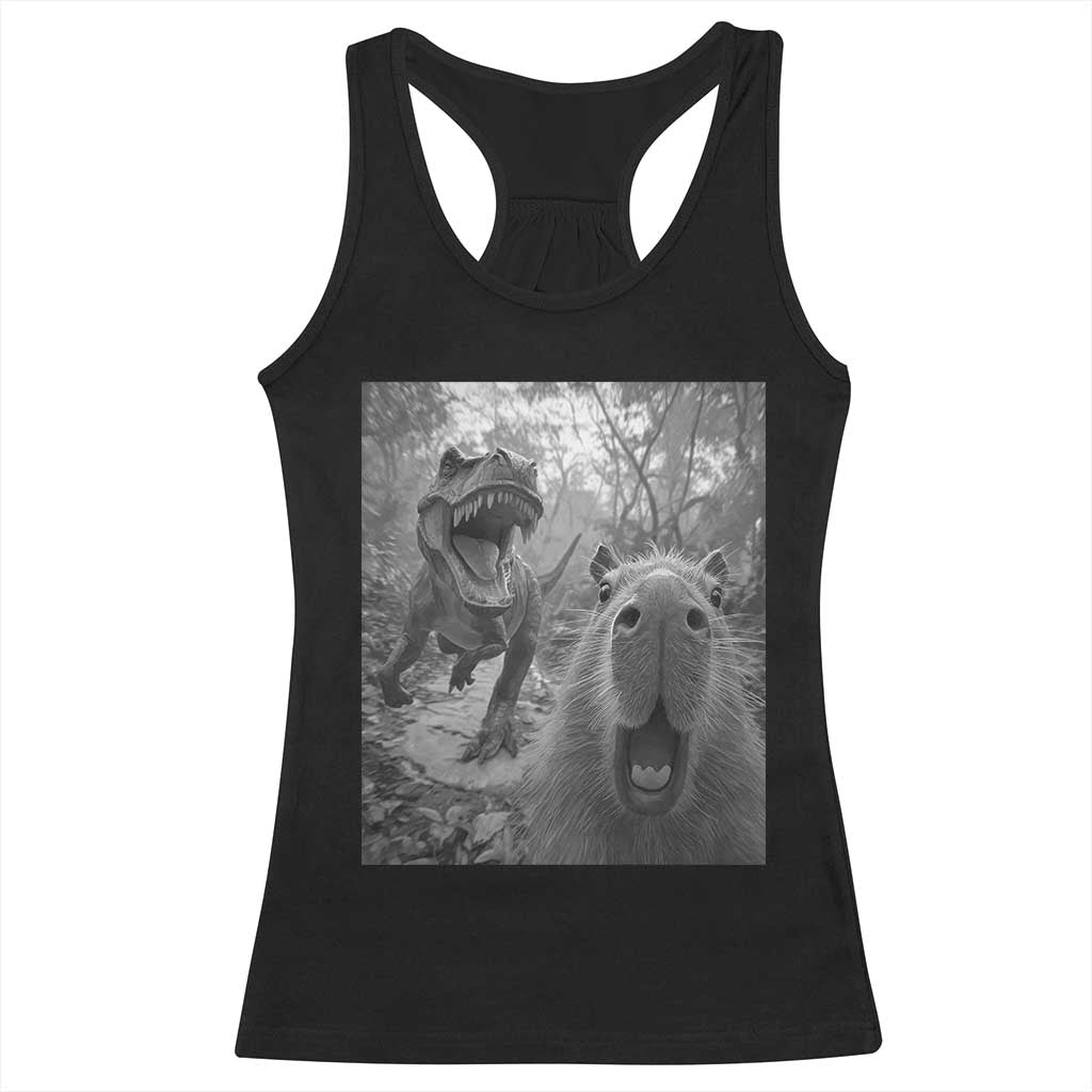 Funny Capybara Selfie With Dinosaur Meme Racerback Tank Top Animal Humor Gift - Wonder Print Shop