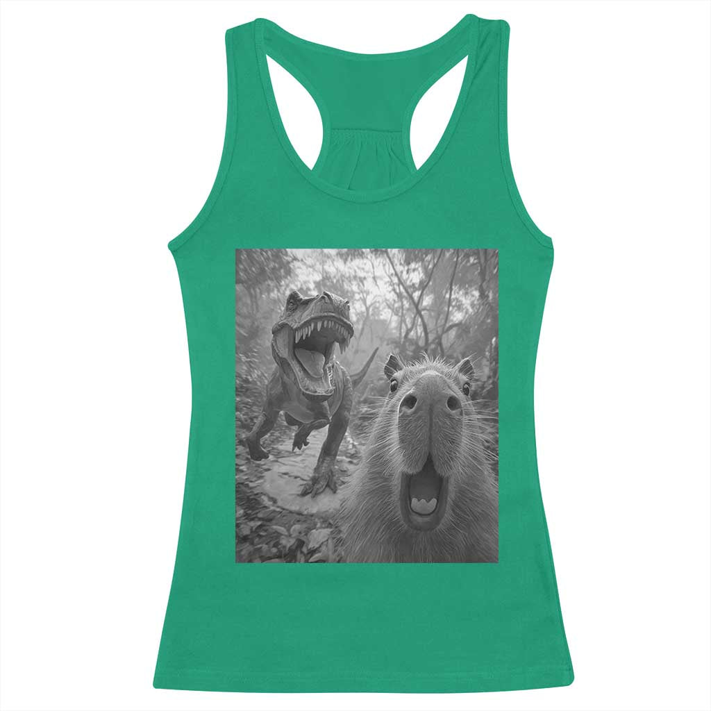 Funny Capybara Selfie With Dinosaur Meme Racerback Tank Top Animal Humor Gift - Wonder Print Shop