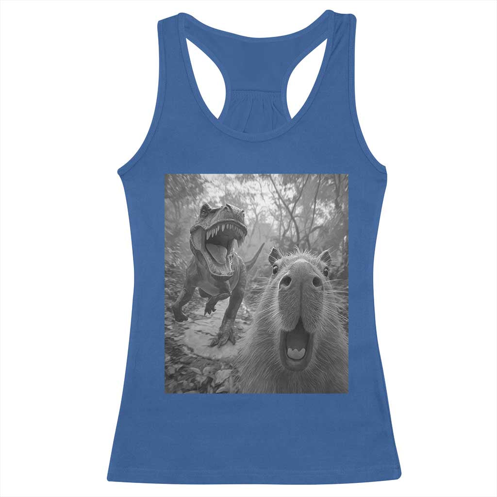 Funny Capybara Selfie With Dinosaur Meme Racerback Tank Top Animal Humor Gift - Wonder Print Shop