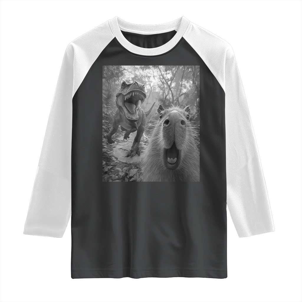Funny Capybara Selfie With Dinosaur Meme Raglan Shirt Animal Humor Gift - Wonder Print Shop