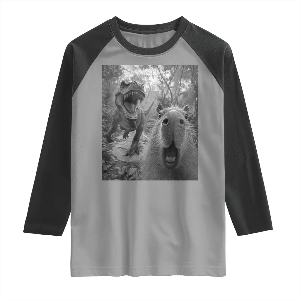 Funny Capybara Selfie With Dinosaur Meme Raglan Shirt Animal Humor Gift - Wonder Print Shop