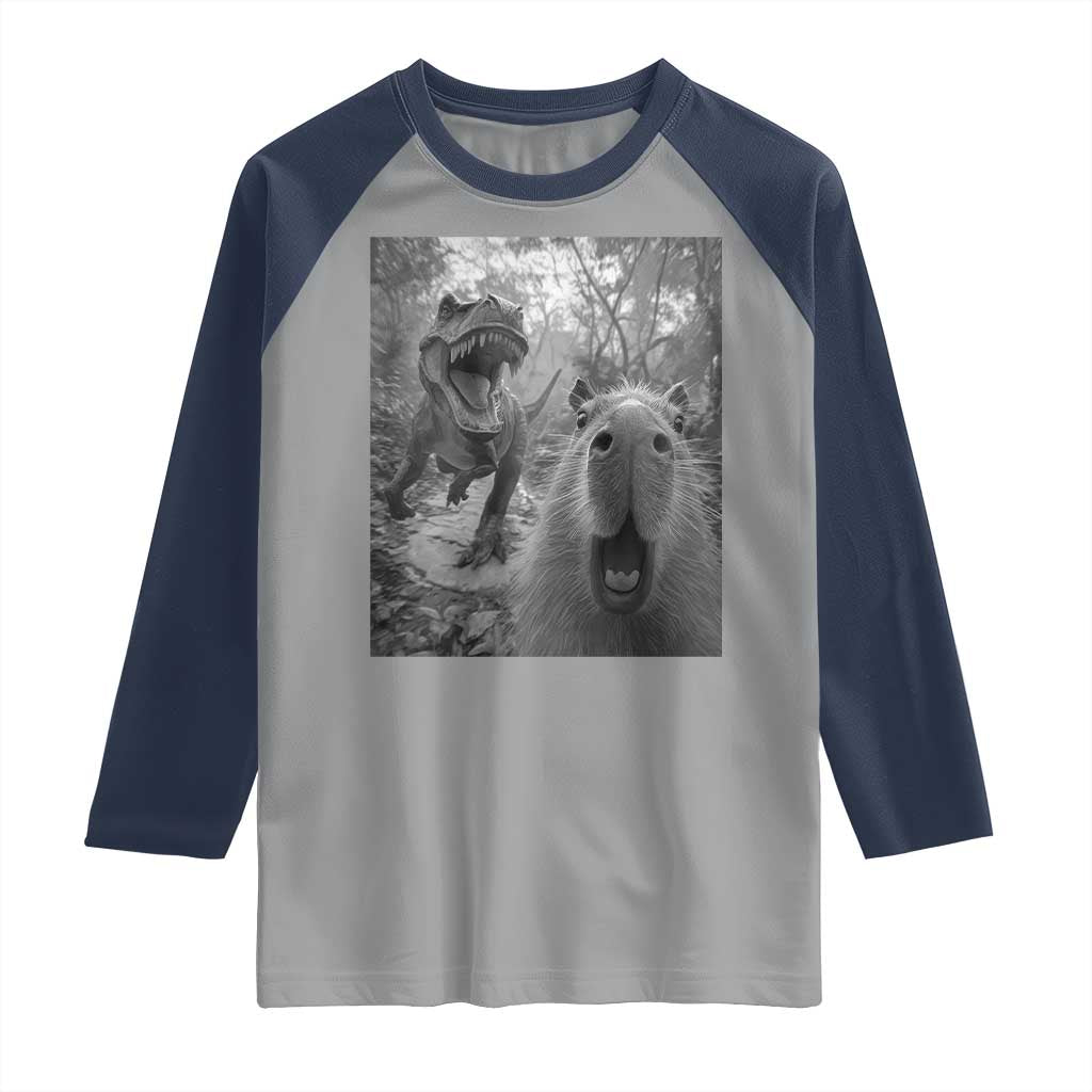 Funny Capybara Selfie With Dinosaur Meme Raglan Shirt Animal Humor Gift - Wonder Print Shop