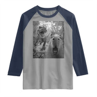 Funny Capybara Selfie With Dinosaur Meme Raglan Shirt Animal Humor Gift - Wonder Print Shop