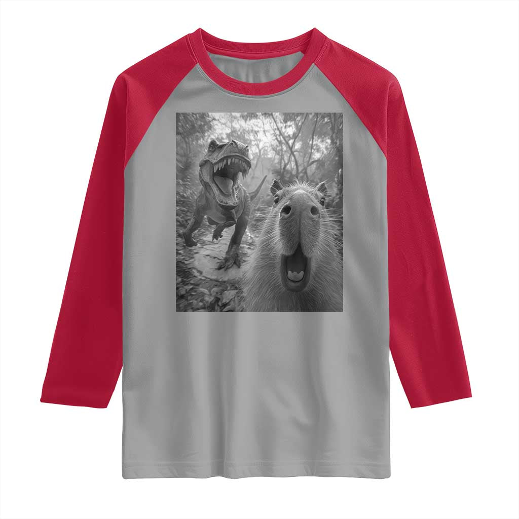 Funny Capybara Selfie With Dinosaur Meme Raglan Shirt Animal Humor Gift - Wonder Print Shop