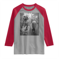 Funny Capybara Selfie With Dinosaur Meme Raglan Shirt Animal Humor Gift - Wonder Print Shop