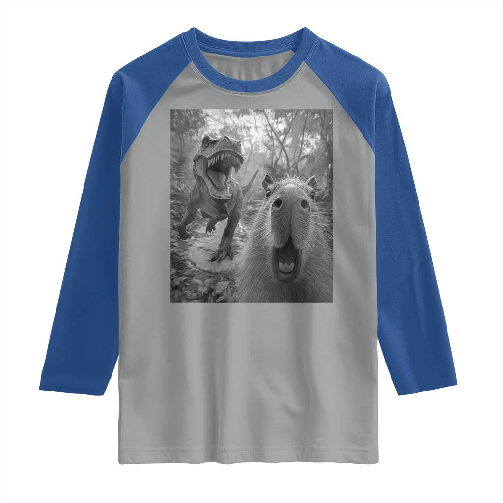 Funny Capybara Selfie With Dinosaur Meme Raglan Shirt Animal Humor Gift - Wonder Print Shop