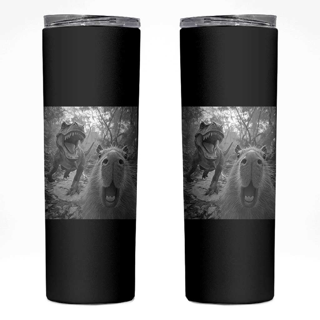 Funny Capybara Selfie With Dinosaur Meme Skinny Tumbler Animal Humor Gift