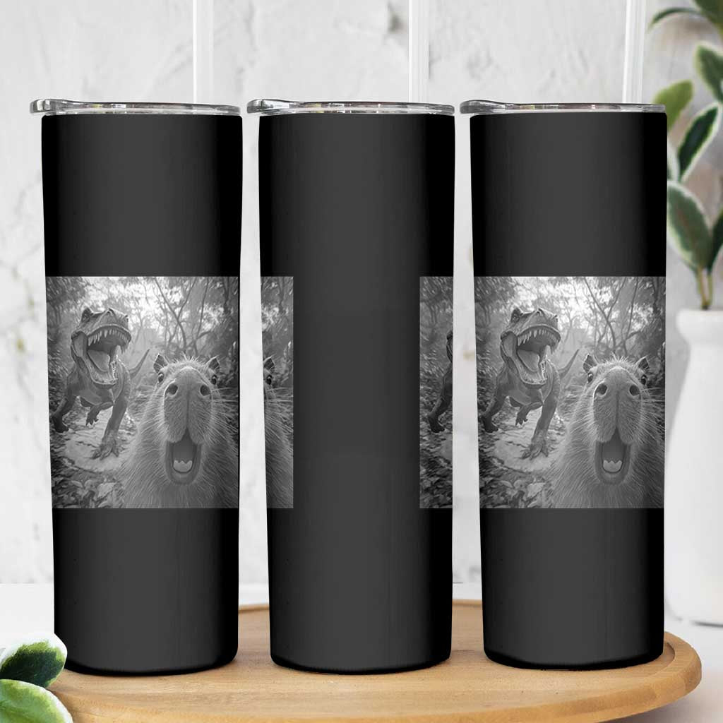 Funny Capybara Selfie With Dinosaur Meme Skinny Tumbler Animal Humor Gift