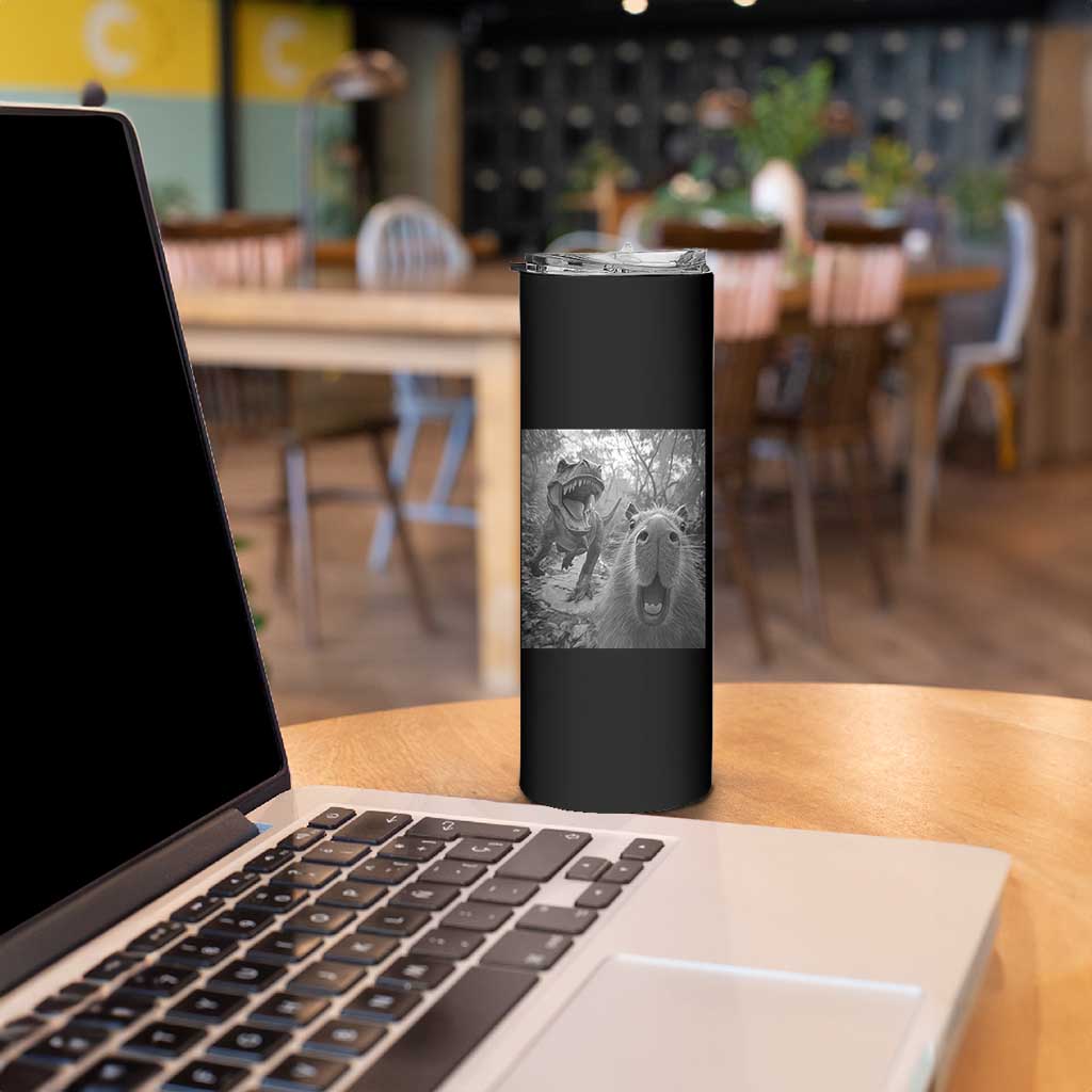 Funny Capybara Selfie With Dinosaur Meme Skinny Tumbler Animal Humor Gift