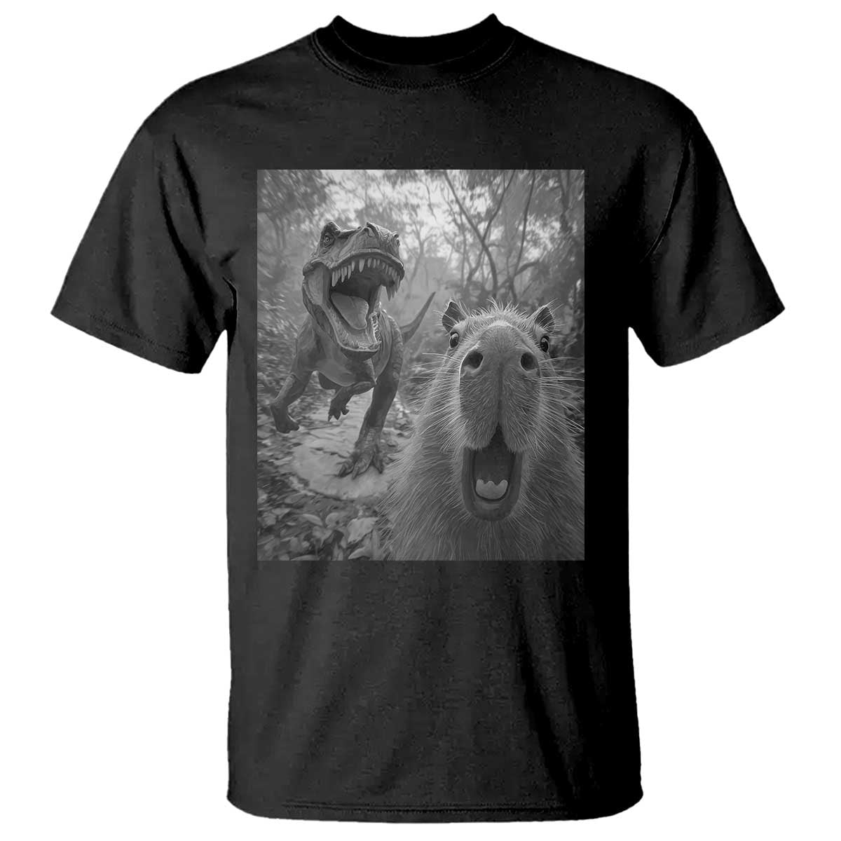 Funny Capybara Selfie With Dinosaur Meme T Shirt Animal Humor Gift - Wonder Print Shop