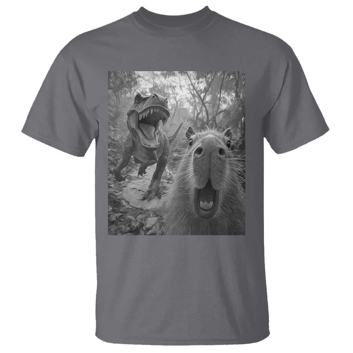 Funny Capybara Selfie With Dinosaur Meme T Shirt Animal Humor Gift - Wonder Print Shop