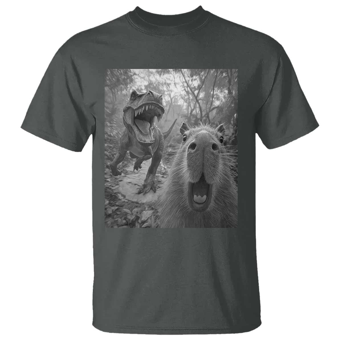 Funny Capybara Selfie With Dinosaur Meme T Shirt Animal Humor Gift - Wonder Print Shop
