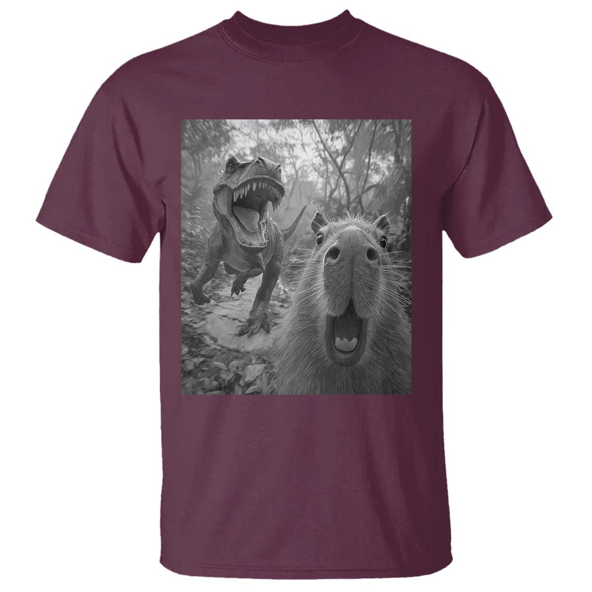 Funny Capybara Selfie With Dinosaur Meme T Shirt Animal Humor Gift - Wonder Print Shop