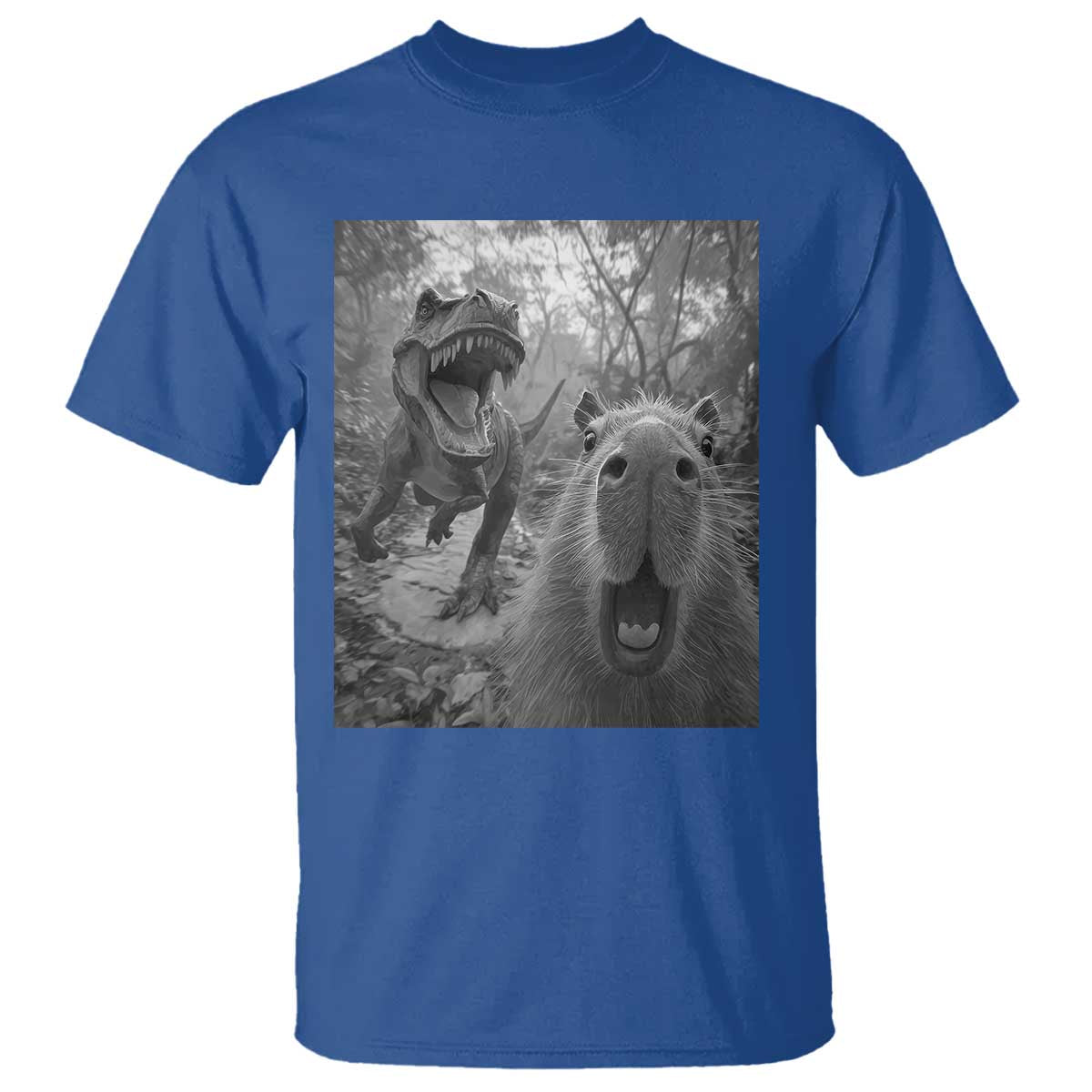 Funny Capybara Selfie With Dinosaur Meme T Shirt Animal Humor Gift - Wonder Print Shop