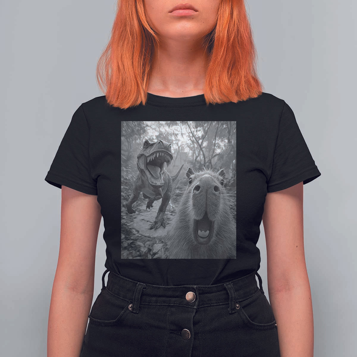 Funny Capybara Selfie With Dinosaur Meme T Shirt For Women Animal Humor Gift - Wonder Print Shop