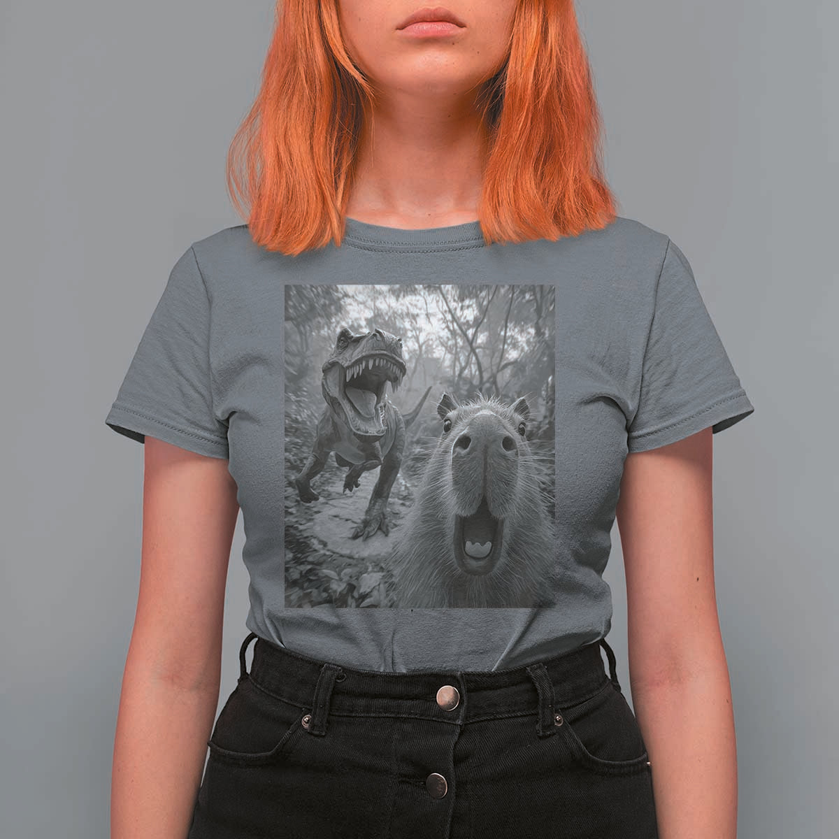 Funny Capybara Selfie With Dinosaur Meme T Shirt For Women Animal Humor Gift - Wonder Print Shop