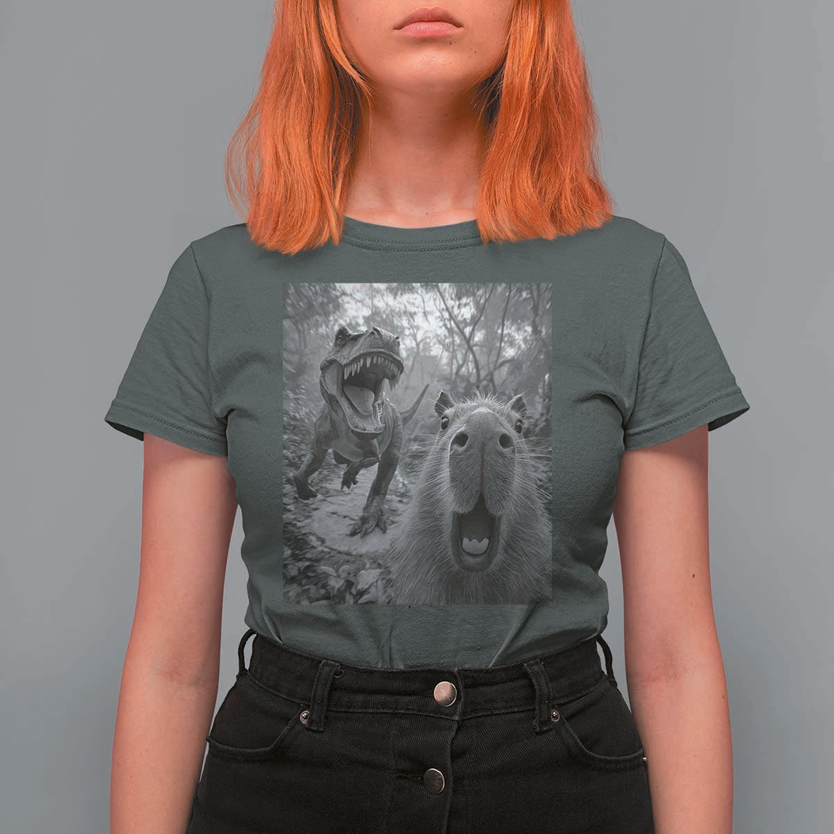 Funny Capybara Selfie With Dinosaur Meme T Shirt For Women Animal Humor Gift - Wonder Print Shop