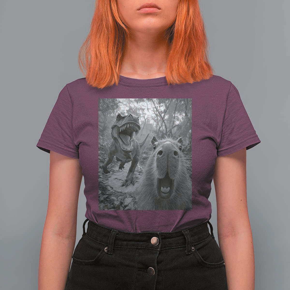 Funny Capybara Selfie With Dinosaur Meme T Shirt For Women Animal Humor Gift - Wonder Print Shop