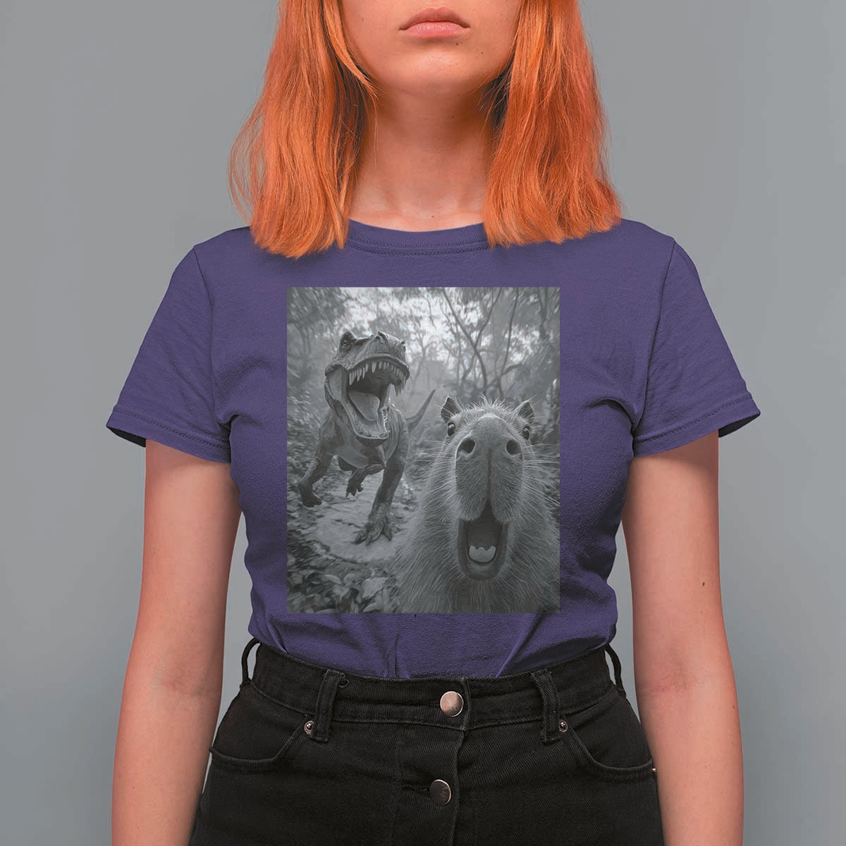 Funny Capybara Selfie With Dinosaur Meme T Shirt For Women Animal Humor Gift - Wonder Print Shop