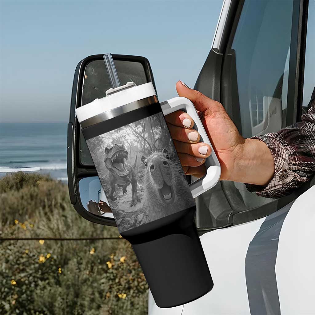 Funny Capybara Selfie With Dinosaur Meme Tumbler With Handle Animal Humor Gift
