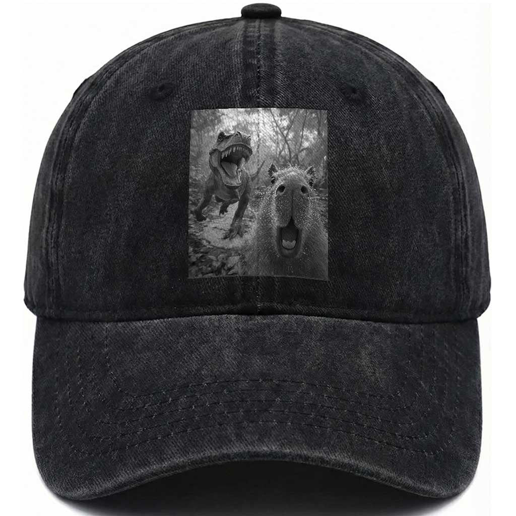 Funny Capybara Selfie With Dinosaur Meme Washed Cotton Baseball Cap Animal Humor Gift