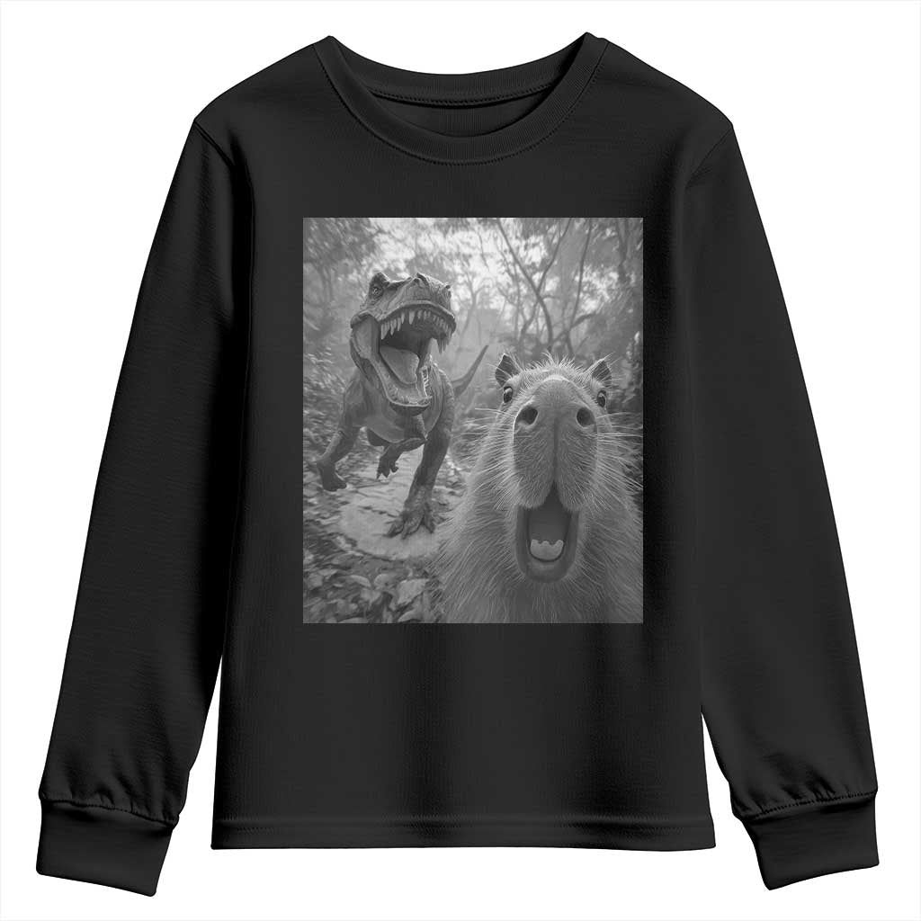 Funny Capybara Selfie With Dinosaur Meme Youth Sweatshirt Animal Humor Gift - Wonder Print Shop