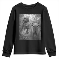 Funny Capybara Selfie With Dinosaur Meme Youth Sweatshirt Animal Humor Gift - Wonder Print Shop