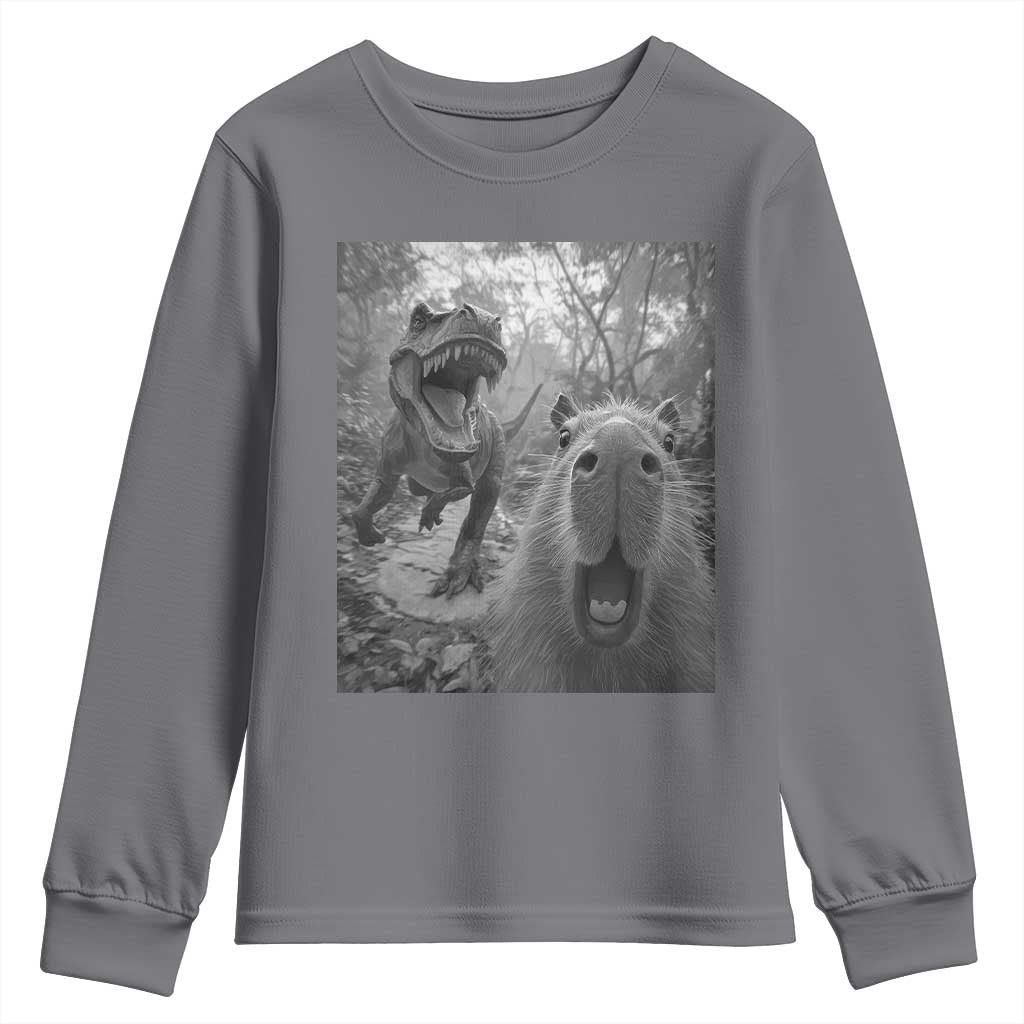 Funny Capybara Selfie With Dinosaur Meme Youth Sweatshirt Animal Humor Gift - Wonder Print Shop