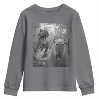 Funny Capybara Selfie With Dinosaur Meme Youth Sweatshirt Animal Humor Gift - Wonder Print Shop