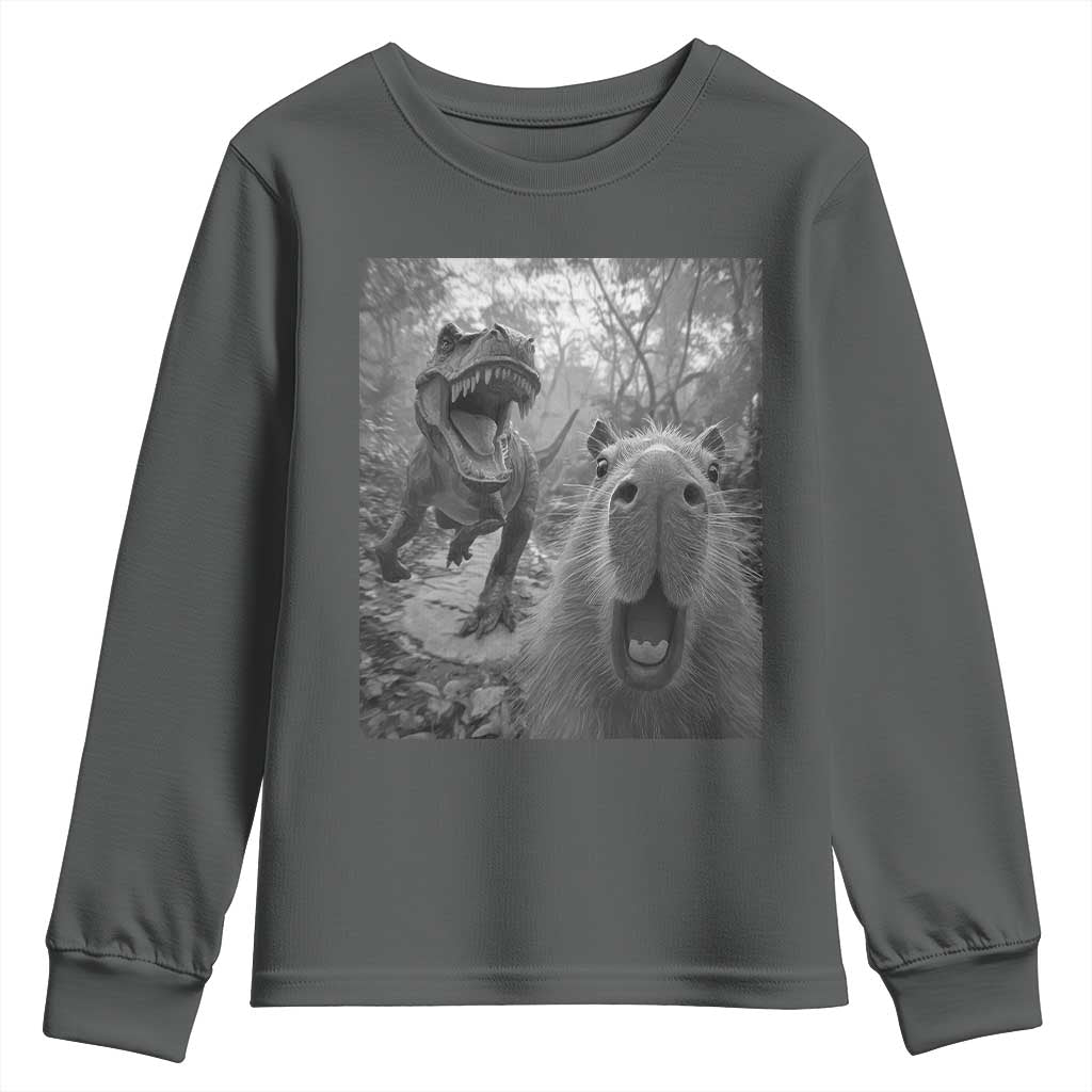 Funny Capybara Selfie With Dinosaur Meme Youth Sweatshirt Animal Humor Gift - Wonder Print Shop