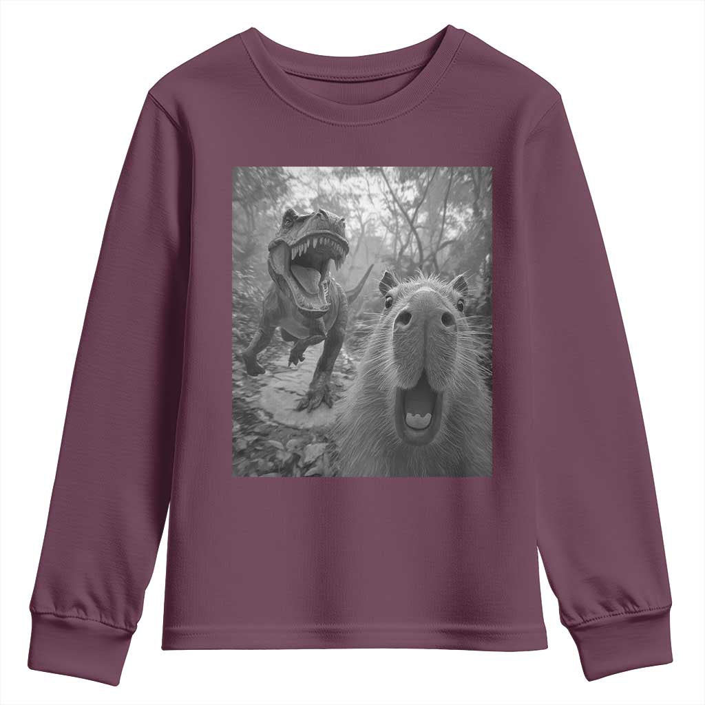 Funny Capybara Selfie With Dinosaur Meme Youth Sweatshirt Animal Humor Gift - Wonder Print Shop