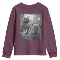 Funny Capybara Selfie With Dinosaur Meme Youth Sweatshirt Animal Humor Gift - Wonder Print Shop