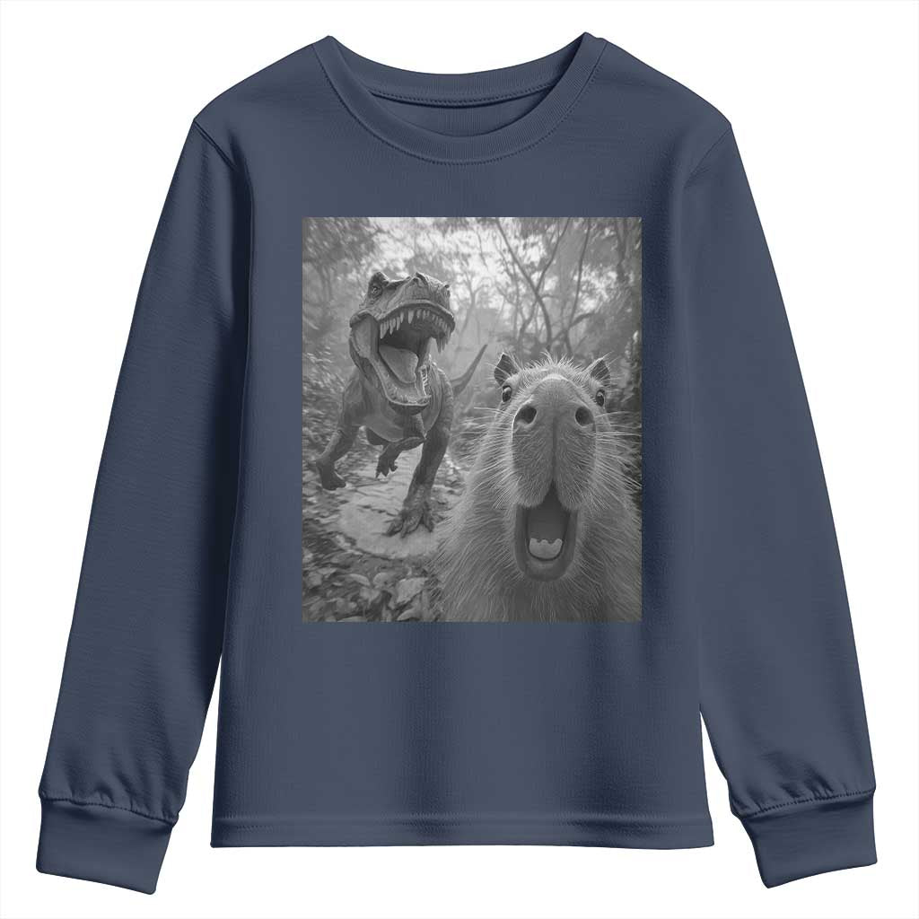 Funny Capybara Selfie With Dinosaur Meme Youth Sweatshirt Animal Humor Gift - Wonder Print Shop