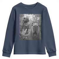 Funny Capybara Selfie With Dinosaur Meme Youth Sweatshirt Animal Humor Gift - Wonder Print Shop