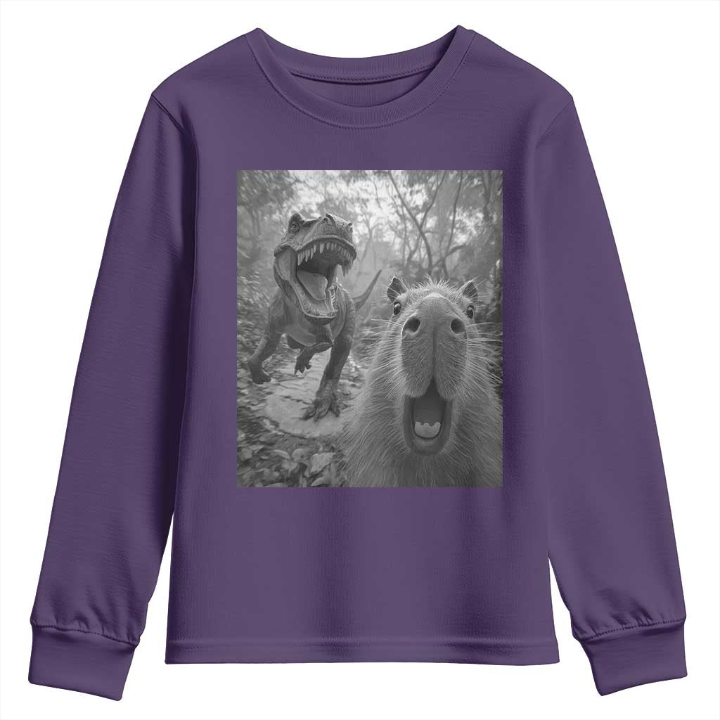 Funny Capybara Selfie With Dinosaur Meme Youth Sweatshirt Animal Humor Gift - Wonder Print Shop