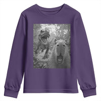 Funny Capybara Selfie With Dinosaur Meme Youth Sweatshirt Animal Humor Gift - Wonder Print Shop