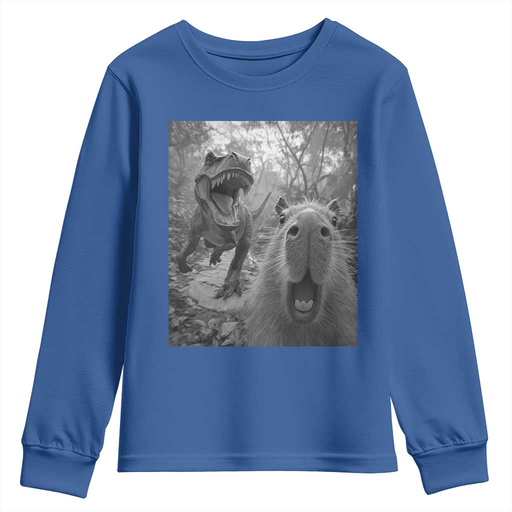 Funny Capybara Selfie With Dinosaur Meme Youth Sweatshirt Animal Humor Gift - Wonder Print Shop