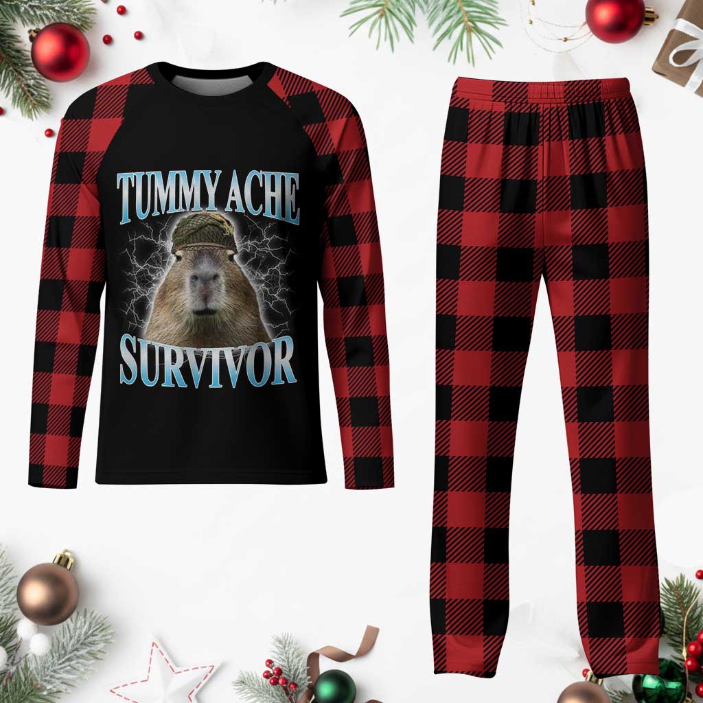 Tummy Ache Survivor Plaid Pajama Set Funny Capybara Meme For Animal Lover - Wonder Print Shop