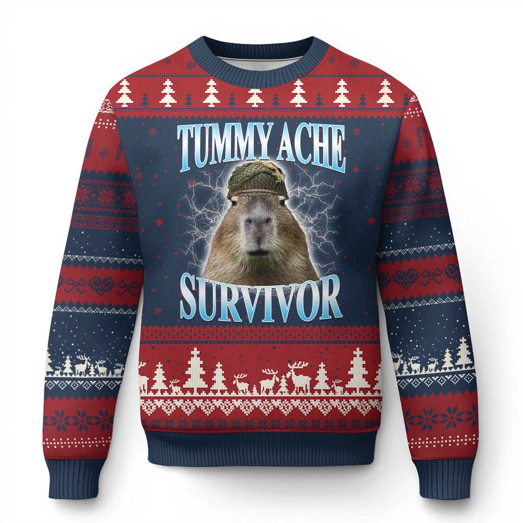 Tummy Ache Survivor Ugly Christmas Sweater Funny Capybara Meme For Animal Lover - Wonder Print Shop