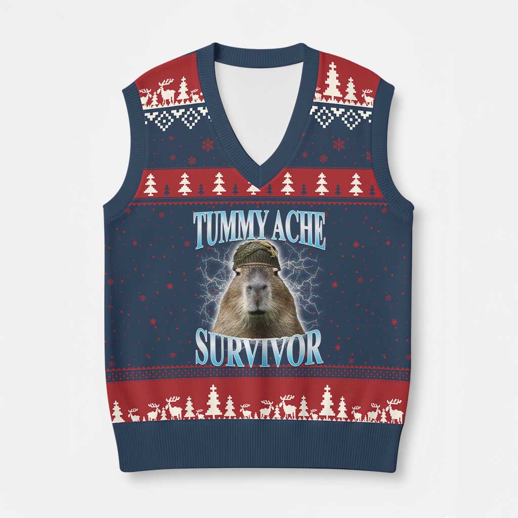 Tummy Ache Survivor V-Neck Knit Sweater Vest Funny Capybara Meme For Animal Lover - Wonder Print Shop