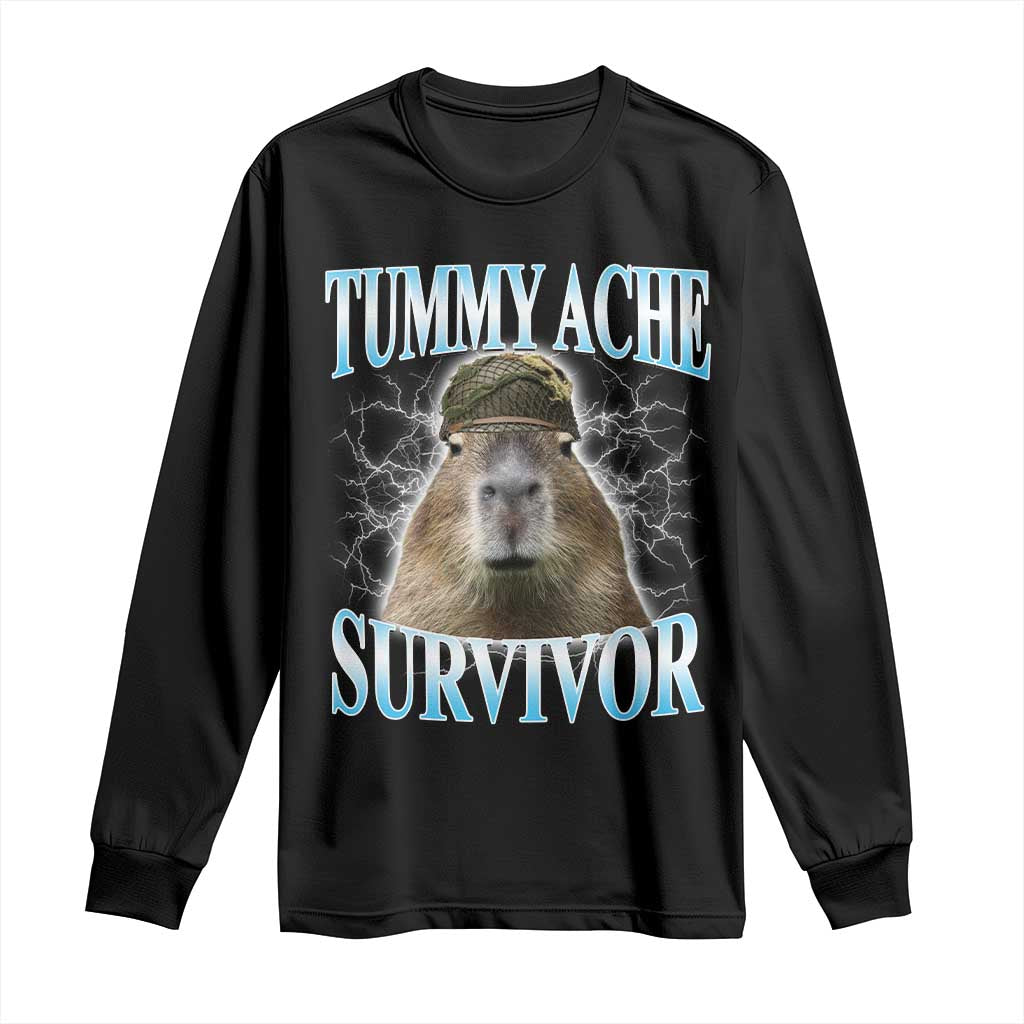 Tummy Ache Survivor Long Sleeve Shirt Funny Capybara Meme For Animal Lover - Wonder Print Shop