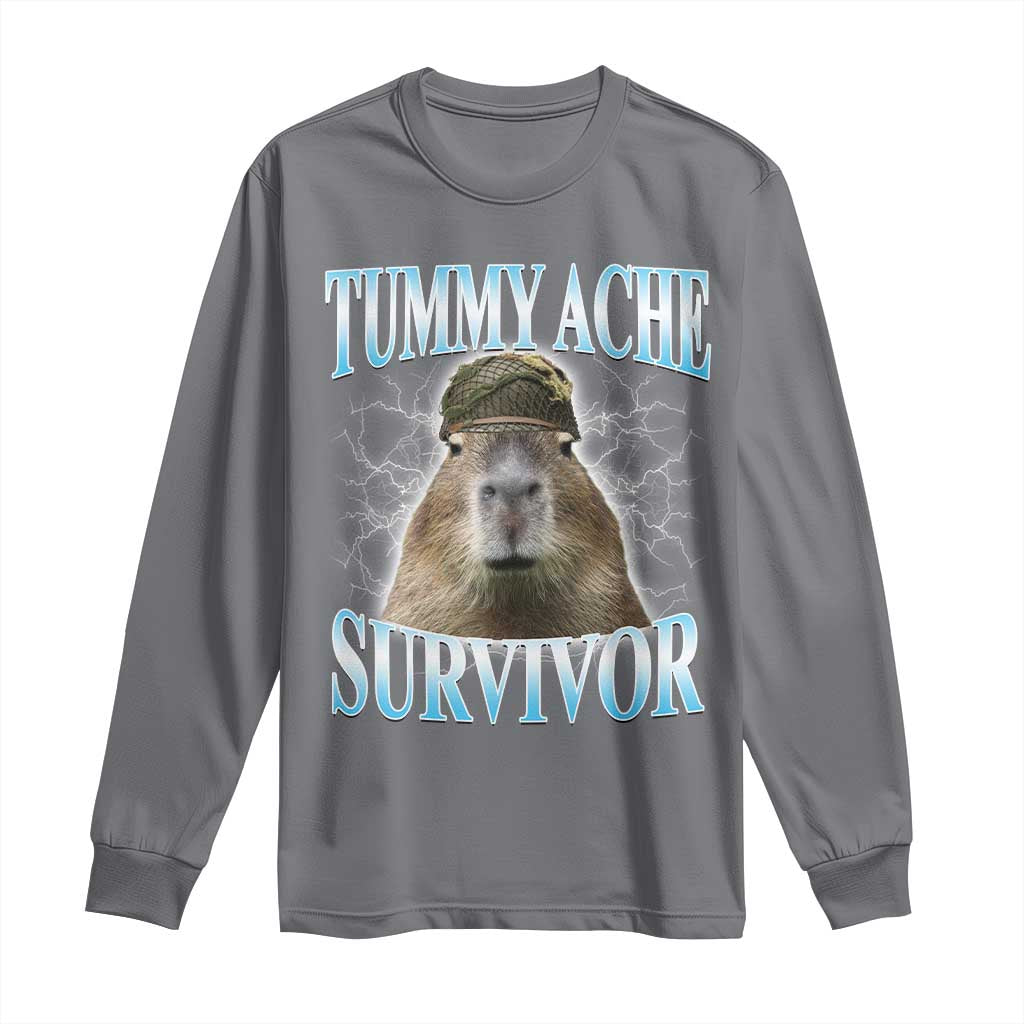 Tummy Ache Survivor Long Sleeve Shirt Funny Capybara Meme For Animal Lover - Wonder Print Shop