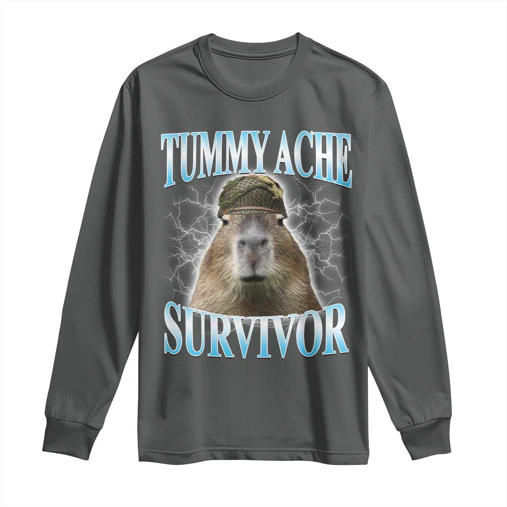 Tummy Ache Survivor Long Sleeve Shirt Funny Capybara Meme For Animal Lover - Wonder Print Shop