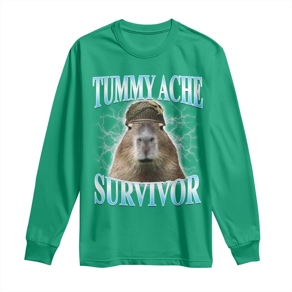 Tummy Ache Survivor Long Sleeve Shirt Funny Capybara Meme For Animal Lover - Wonder Print Shop