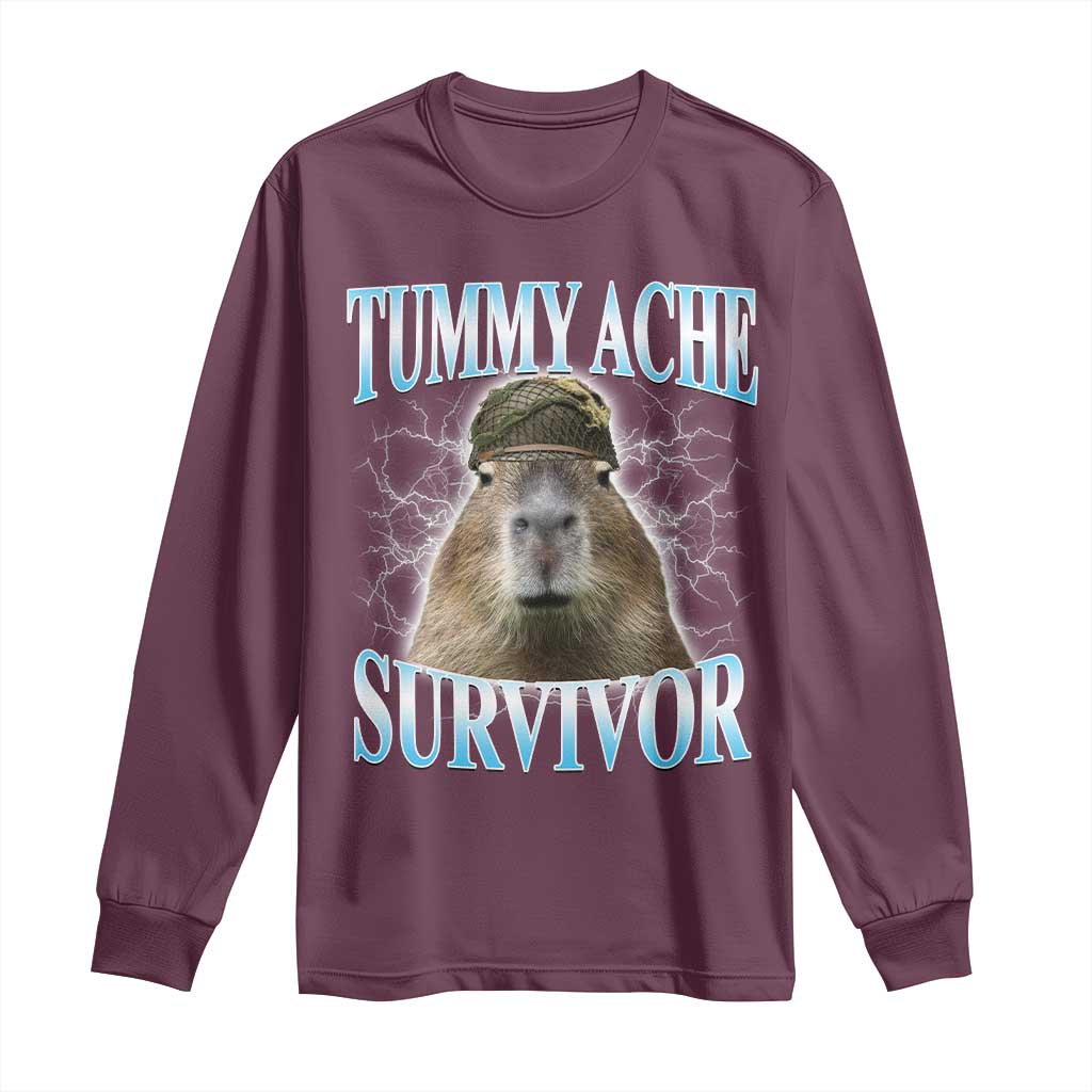 Tummy Ache Survivor Long Sleeve Shirt Funny Capybara Meme For Animal Lover - Wonder Print Shop