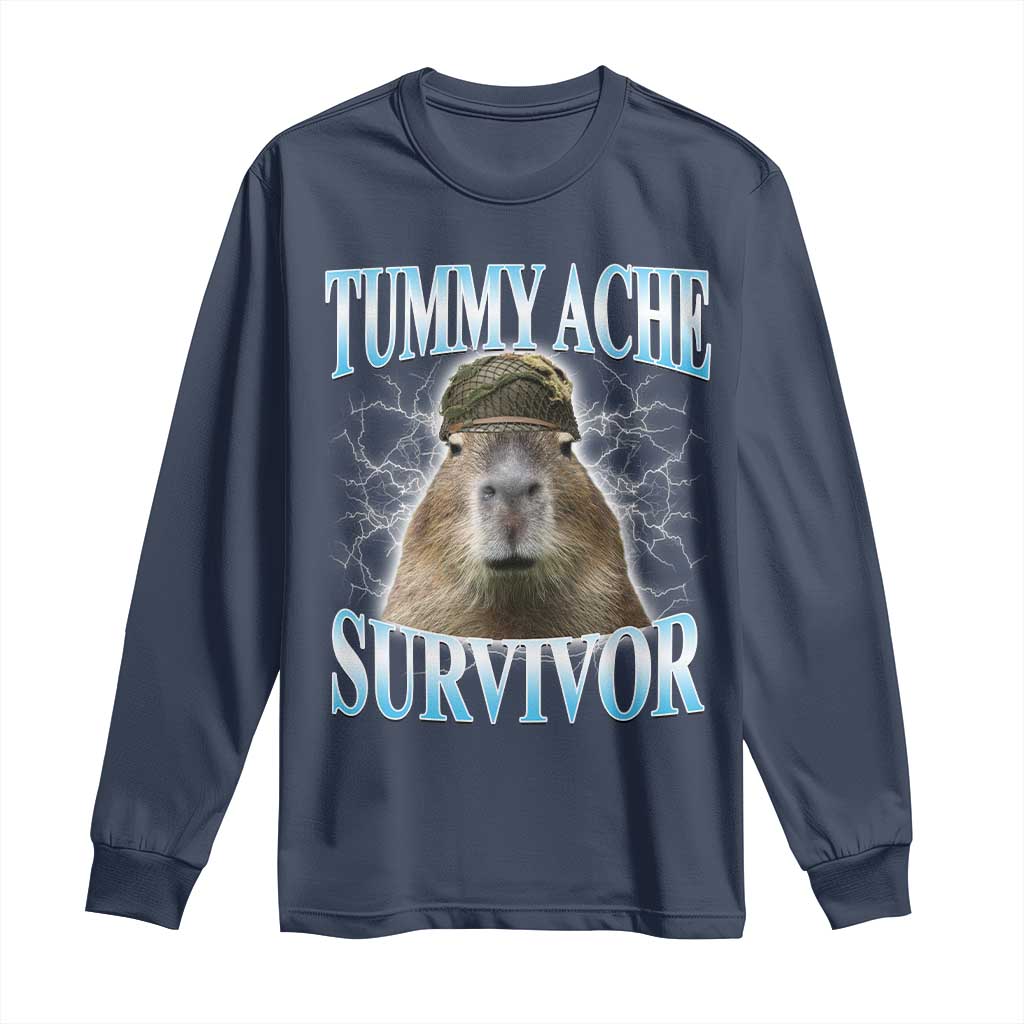 Tummy Ache Survivor Long Sleeve Shirt Funny Capybara Meme For Animal Lover - Wonder Print Shop
